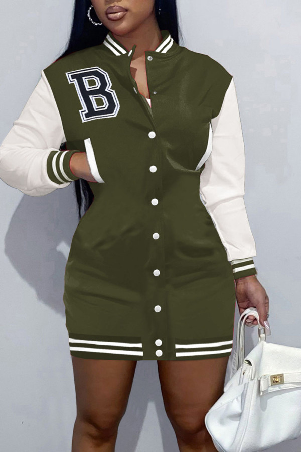 Army Green Casual Solid Embroidered Patchwork Buckle Dresses