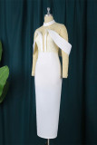 White Sexy Formal Patchwork See-through Slit Half A Turtleneck Evening Dress Dresses