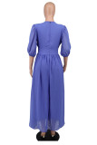 Blue Casual Solid Patchwork V Neck Long Dress Dresses