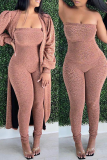 Deep Pink Sexy Solid Patchwork Strapless Long Sleeve Two Pieces