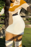 Yellow Sexy Print Patchwork Turtleneck Pencil Skirt Dresses