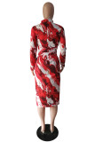 Colour Casual Print Patchwork Turndown Collar Long Sleeve Dresses