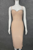 Red Elegant Solid Patchwork Slit Hot Drill Spaghetti Strap Sling Dress Dresses
