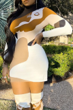Yellow Sexy Print Patchwork Turtleneck Pencil Skirt Dresses
