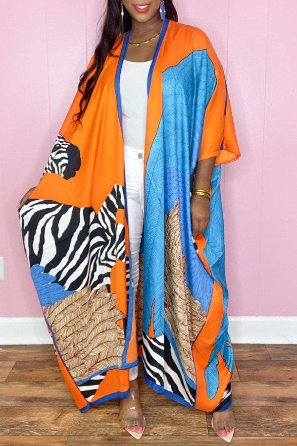 Orange Blue Casual Print Cardigan Cardigan Collar Outerwear