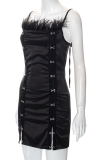 Black Sexy Patchwork Tassel Slit Spaghetti Strap Pencil Skirt Dresses