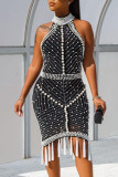 Black Sexy Solid Tassel Patchwork Beading Hot Drill Half A Turtleneck One Step Skirt Dresses
