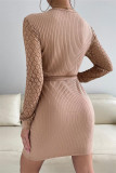 Red Casual Solid Hollowed Out Patchwork V Neck Long Sleeve Dresses