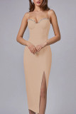 Red Elegant Solid Patchwork Slit Hot Drill Spaghetti Strap Sling Dress Dresses
