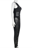 Black Sexy Patchwork Hot Drilling Hollowed Out See-through O Neck Skinny Jumpsuits