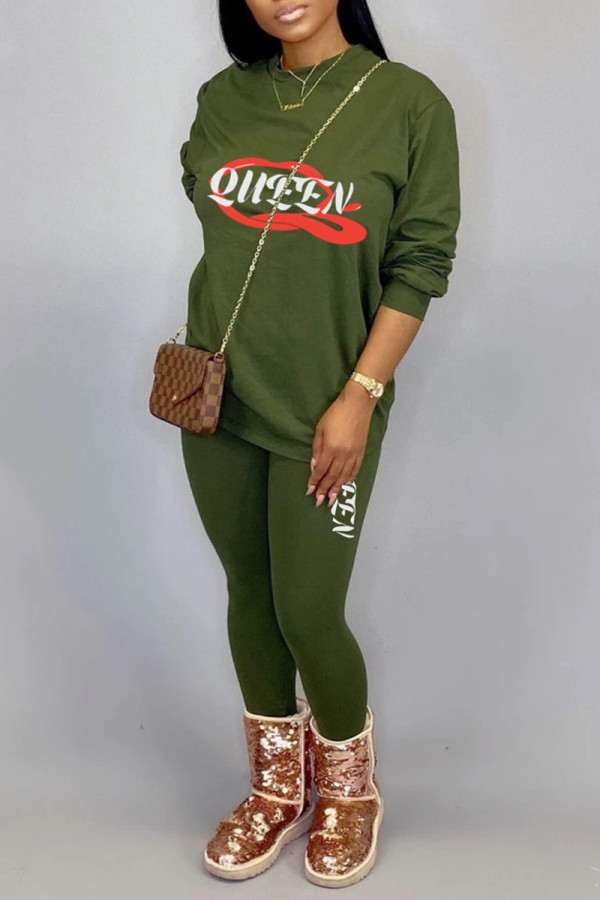 Olive Green Casual Print Patchwork O Neck Long Sleeve Two Pieces