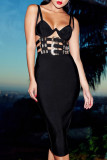 Black Sexy Solid Bandage Hollowed Out Patchwork Metal Accessories Decoration Spaghetti Strap Pencil Skirt Dresses