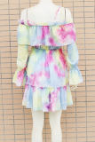 Pink Casual Patchwork Tie-dye Flounce Spaghetti Strap Cake Skirt Dresses