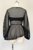 Blue Sexy Solid Hollowed Out Patchwork Flounce Asymmetrical O Neck Tops(Contains No Underwear)