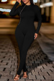 Khaki Casual Color Block Patchwork Zipper O Neck Skinny Jumpsuits
