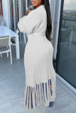 White Casual Solid Tassel V Neck Outerwear