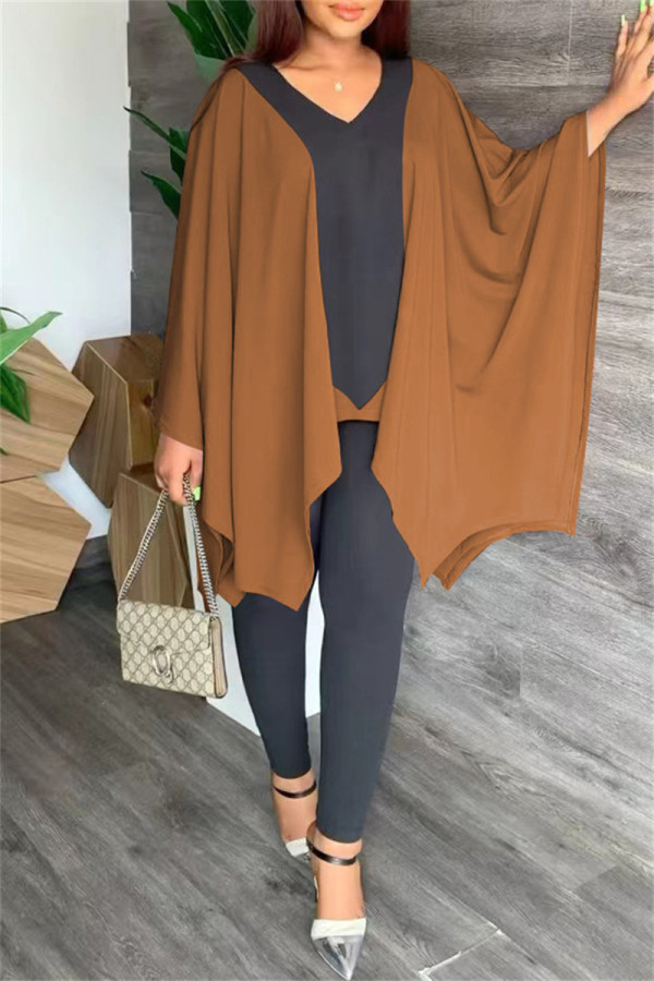 Black Brown Casual Solid Patchwork Asymmetrical V Neck Long Sleeve Two Pieces