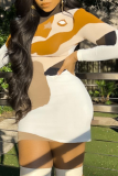 Yellow Sexy Print Patchwork Turtleneck Pencil Skirt Dresses