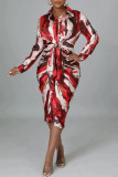 Colour Casual Print Patchwork Turndown Collar Long Sleeve Dresses