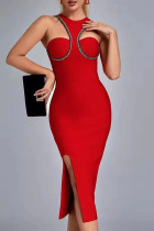 Red Sexy Solid Patchwork Slit Hot Drill Asymmetrical Collar One Step Skirt Dresses