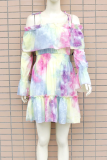 Pink Casual Patchwork Tie-dye Flounce Spaghetti Strap Cake Skirt Dresses