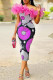 Multicolor Sexy Formal Print Patchwork Slit Off the Shoulder Evening Dress