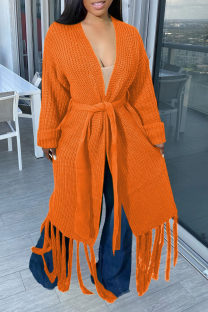 Tangerine Red Casual Solid Tassel V Neck Outerwear