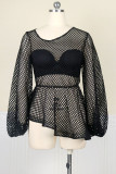 Blue Sexy Solid Hollowed Out Patchwork Flounce Asymmetrical O Neck Tops(Contains No Underwear)
