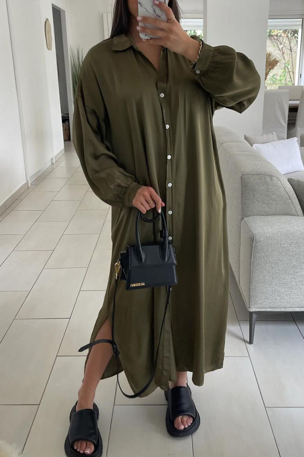 Army Green Casual Solid Patchwork Buckle Turndown Collar Shirt Dress Dresses
