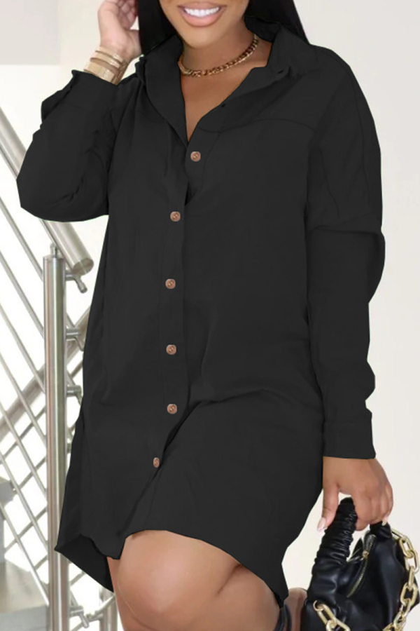 Black Casual Print Patchwork Turndown Collar Shirt Dress Dresses