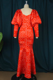 Red Sexy Formal Print Patchwork Square Collar Evening Dress
