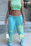 Light Blue Casual Print Basic O Neck Sleeveless Two Pieces