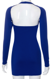 Blue Sexy Solid Hollowed Out Halter Pencil Skirt Dresses
