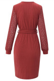 Red Casual Solid Hollowed Out Patchwork V Neck Long Sleeve Dresses