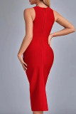 Red Sexy Solid Patchwork Slit Hot Drill Asymmetrical Collar One Step Skirt Dresses