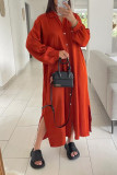 Red Casual Solid Patchwork Buckle Turndown Collar Shirt Dress Dresses