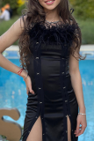 Black Sexy Patchwork Tassel Slit Spaghetti Strap Pencil Skirt Dresses