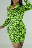 Leopard Print Sexy Print Patchwork Zipper Half A Turtleneck Long Sleeve Dresses