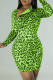 Green Sexy Print Patchwork Zipper Half A Turtleneck Long Sleeve Dresses