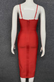 Red Elegant Solid Patchwork Slit Hot Drill Spaghetti Strap Sling Dress Dresses