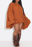 Deep Coffee Sexy Street Solid Patchwork Off the Shoulder One Step Skirt Dresses
