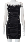Black Sexy Patchwork Tassel Slit Spaghetti Strap Pencil Skirt Dresses