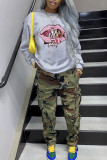 Grey Casual Print Patchwork O Neck Tops