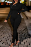 Khaki Casual Color Block Patchwork Zipper O Neck Skinny Jumpsuits