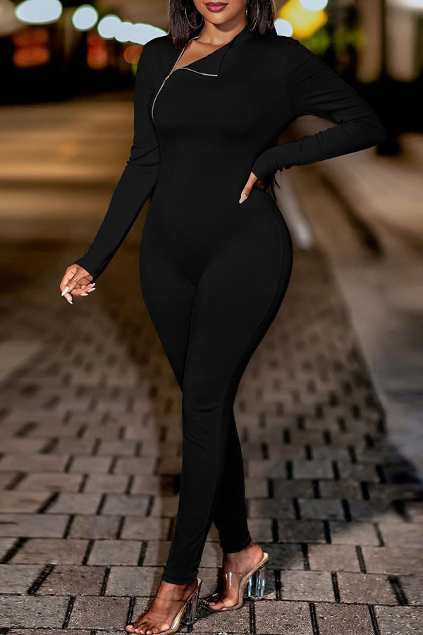 Black Casual Color Block Patchwork Zipper O Neck Skinny Jumpsuits