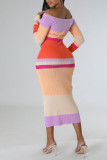 Pink Casual Striped Print Patchwork Off the Shoulder One Step Skirt Dresses