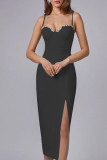 Red Elegant Solid Patchwork Slit Hot Drill Spaghetti Strap Sling Dress Dresses