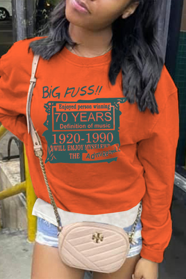 Orange Casual Letter Print Patchwork O Neck Tops