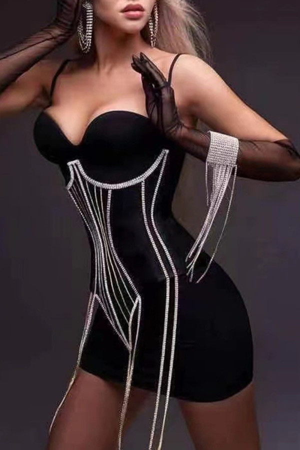 Black Sexy Solid Tassel Patchwork Hot Drill Spaghetti Strap Pencil Skirt Dresses