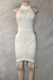 White Sexy Solid Tassel Patchwork Beading Hot Drill Half A Turtleneck One Step Skirt Dresses